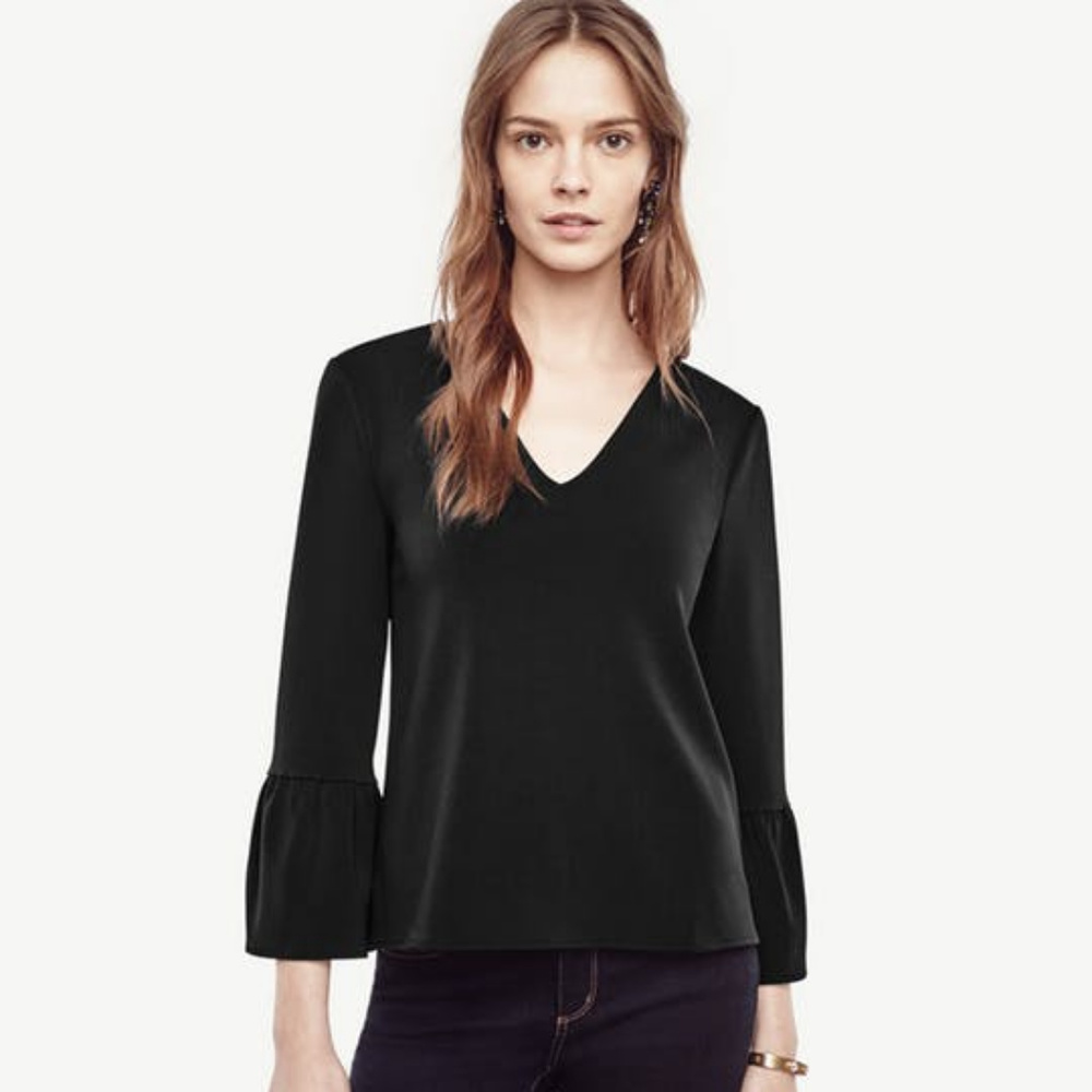 NWT Ann Taylor Petite Flare Sleeve Black Top Sz LP